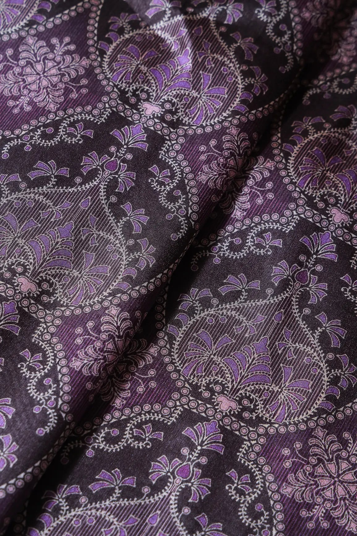 AIzaSyBcstauz-XMPRhEY21AUzeo032pxrXB5Ug - Black And Purple Traditional Pattern Digital Print On Mulberry Silk Fabric