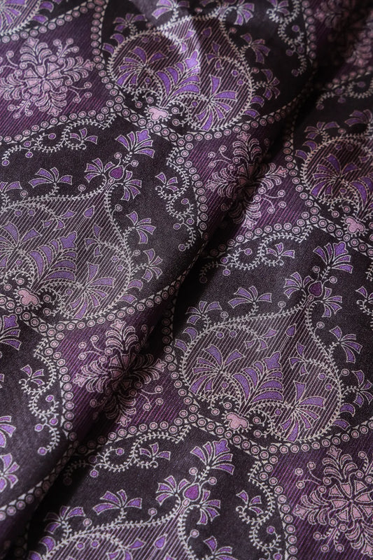 AIzaSyBcstauz-XMPRhEY21AUzeo032pxrXB5Ug - Black And Purple Traditional Pattern Digital Print On Mulberry Silk Fabric