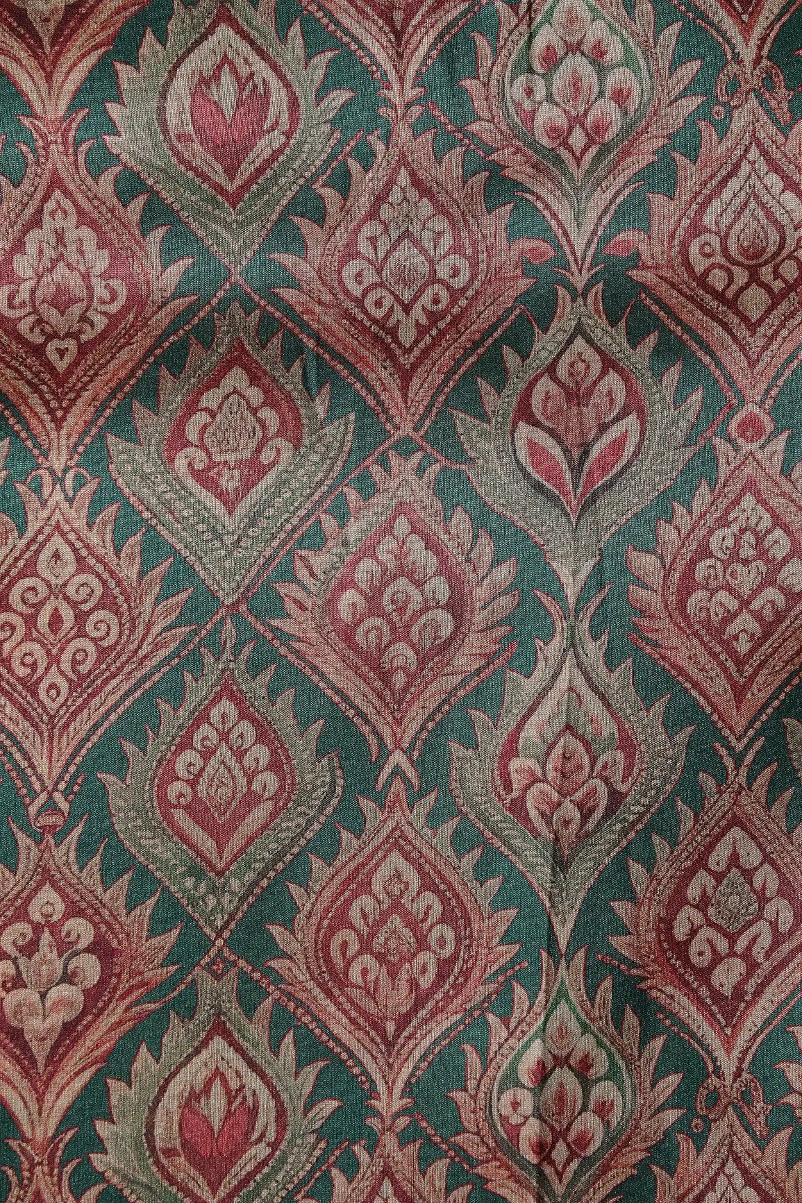 AIzaSyBcstauz-XMPRhEY21AUzeo032pxrXB5Ug - Cream Trellis Pattern Digital Print On Green Mulberry Silk Fabric