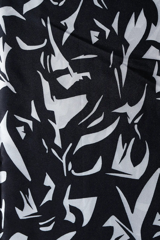 White Abstract Pattern Digital Print On Black Georgette Satin Fabric