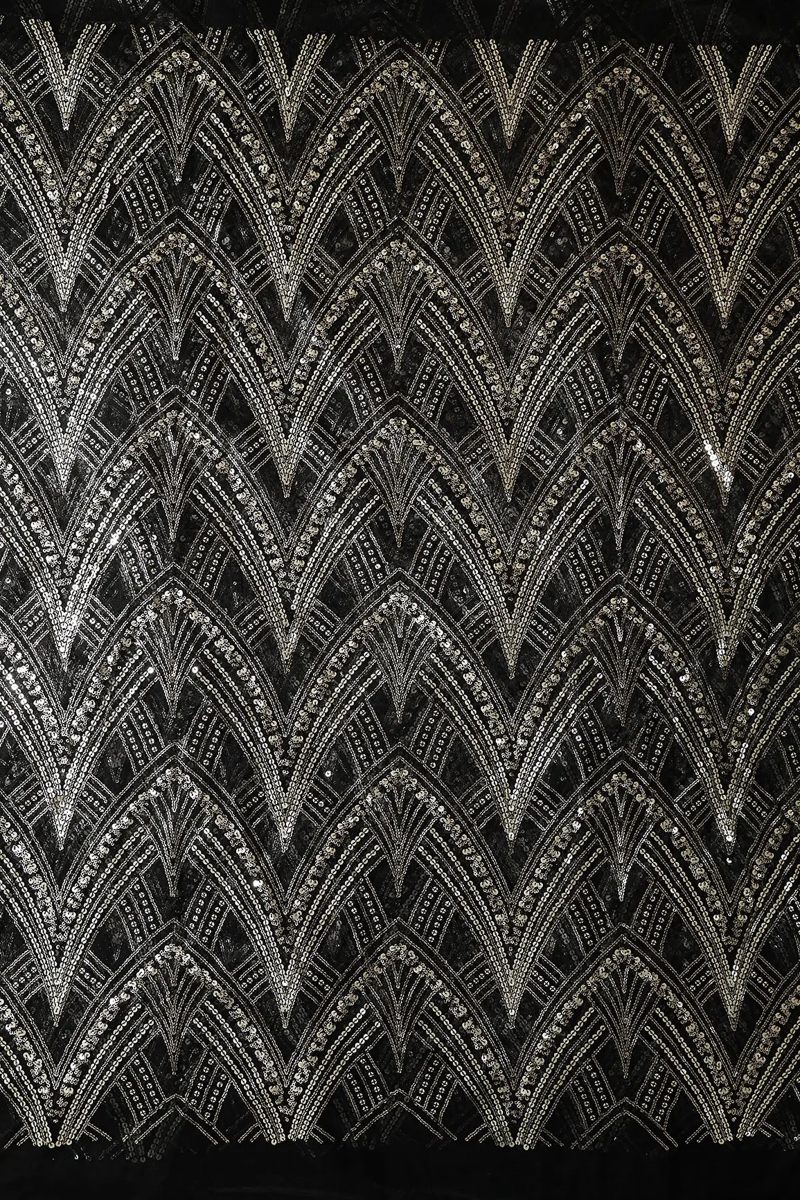 AIzaSyBcstauz-XMPRhEY21AUzeo032pxrXB5Ug - Black Thread With Gold Sequins Geometric Embroidery Work On Black Soft Net Fabric