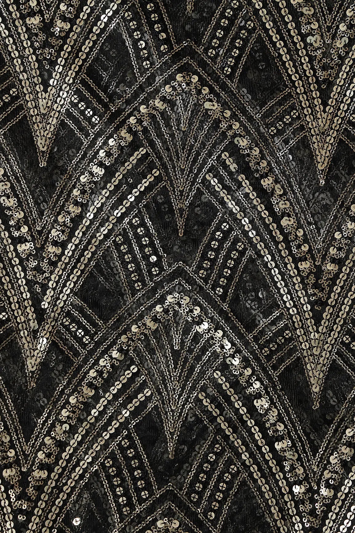 AIzaSyBcstauz-XMPRhEY21AUzeo032pxrXB5Ug - Black Thread With Gold Sequins Geometric Embroidery Work On Black Soft Net Fabric