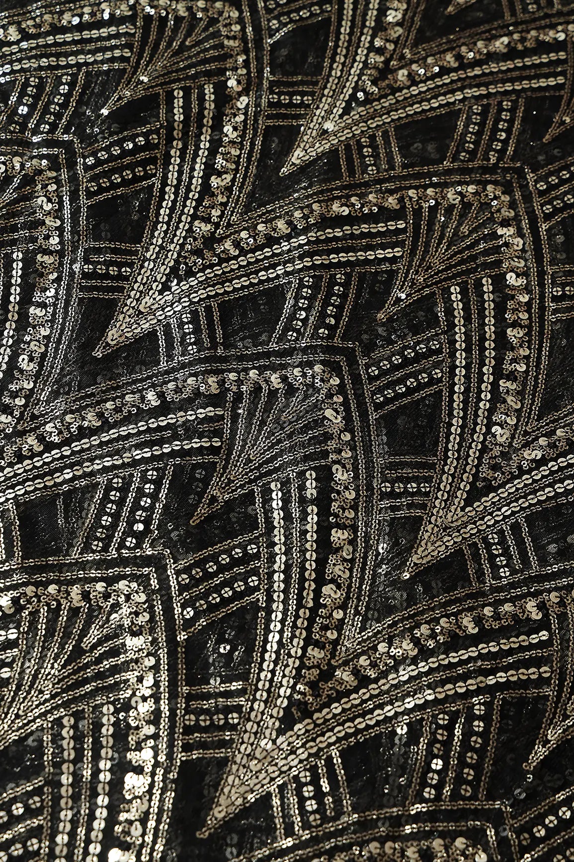 AIzaSyBcstauz-XMPRhEY21AUzeo032pxrXB5Ug - Black Thread With Gold Sequins Geometric Embroidery Work On Black Soft Net Fabric