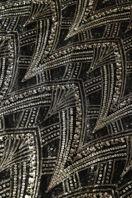 AIzaSyBcstauz-XMPRhEY21AUzeo032pxrXB5Ug - Black Thread With Gold Sequins Geometric Embroidery Work On Black Soft Net Fabric