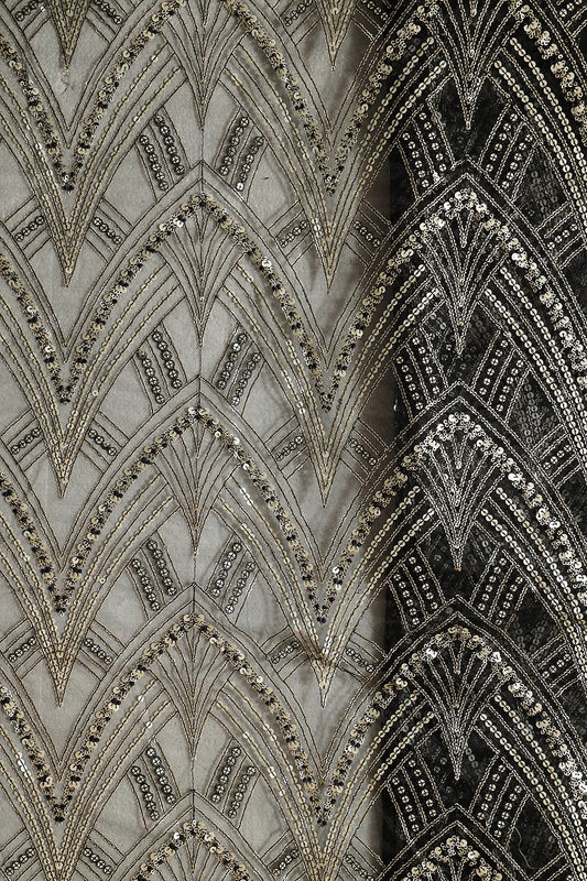 AIzaSyBcstauz-XMPRhEY21AUzeo032pxrXB5Ug - Black Thread With Gold Sequins Geometric Embroidery Work On Black Soft Net Fabric