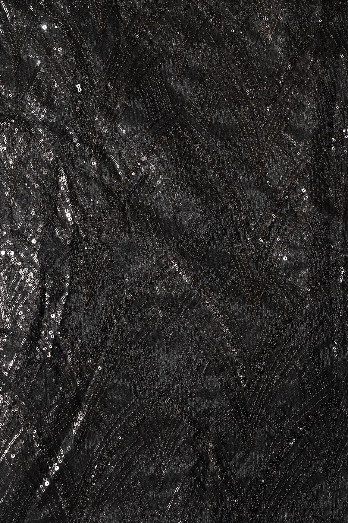 AIzaSyBcstauz-XMPRhEY21AUzeo032pxrXB5Ug - Black Thread With Sequins Geometric Embroidery Work On Black Soft Net Fabric