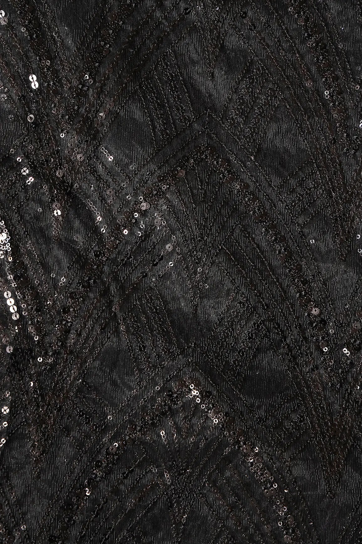AIzaSyBcstauz-XMPRhEY21AUzeo032pxrXB5Ug - Black Thread With Sequins Geometric Embroidery Work On Black Soft Net Fabric
