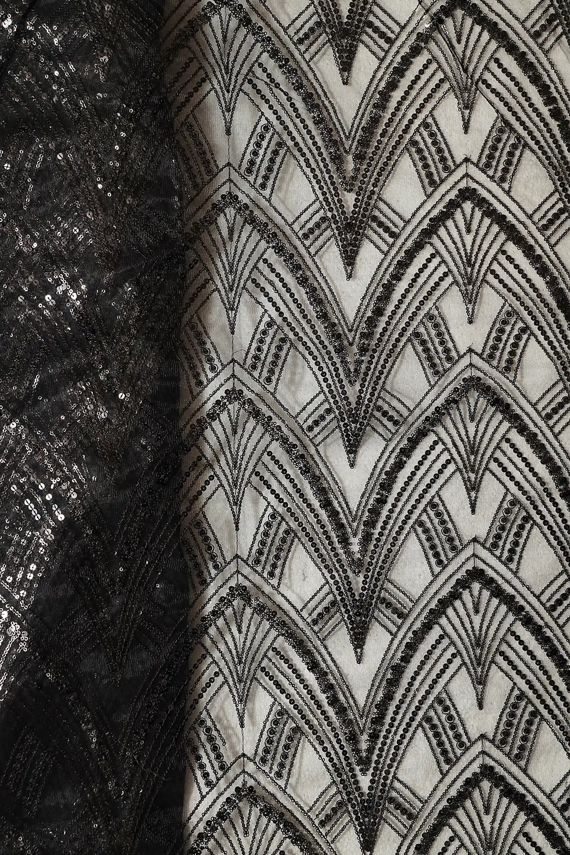 AIzaSyBcstauz-XMPRhEY21AUzeo032pxrXB5Ug - Black Thread With Sequins Geometric Embroidery Work On Black Soft Net Fabric