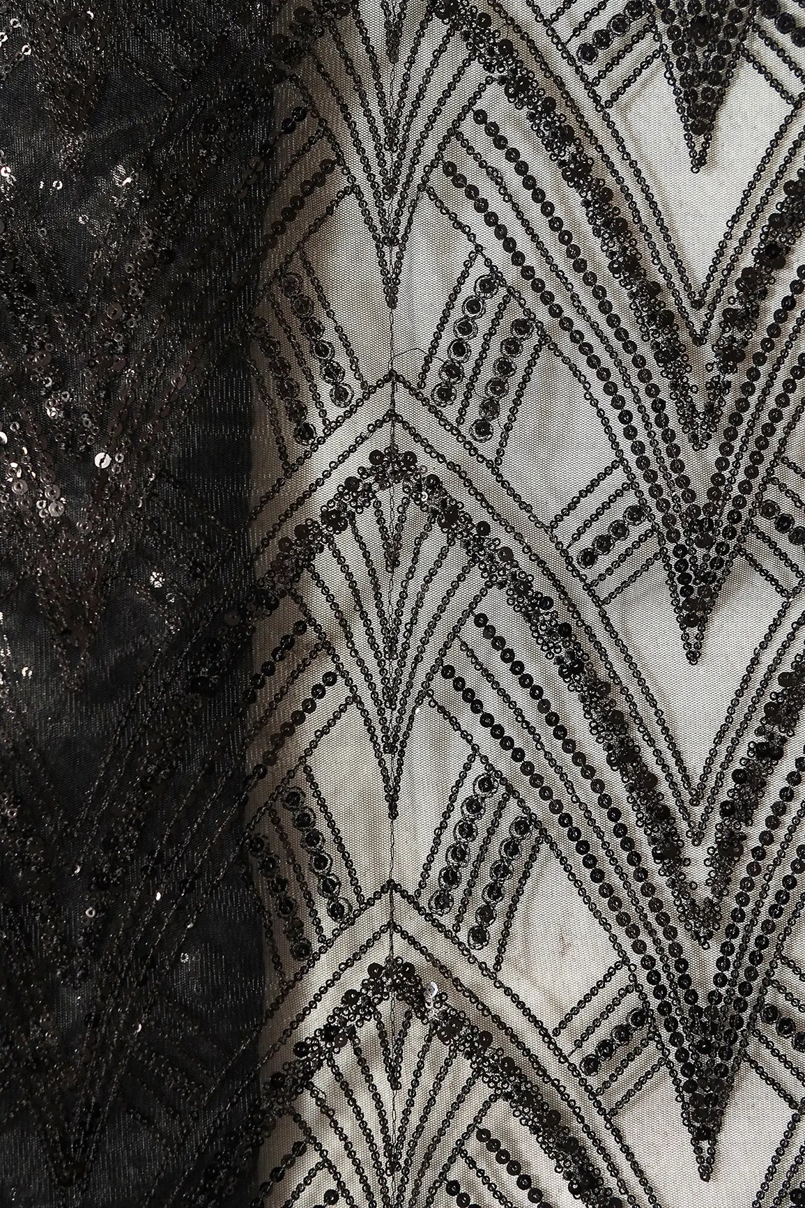 AIzaSyBcstauz-XMPRhEY21AUzeo032pxrXB5Ug - Black Thread With Sequins Geometric Embroidery Work On Black Soft Net Fabric