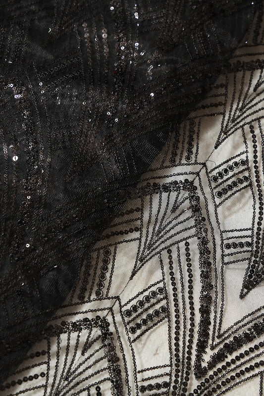 AIzaSyBcstauz-XMPRhEY21AUzeo032pxrXB5Ug - Black Thread With Sequins Geometric Embroidery Work On Black Soft Net Fabric