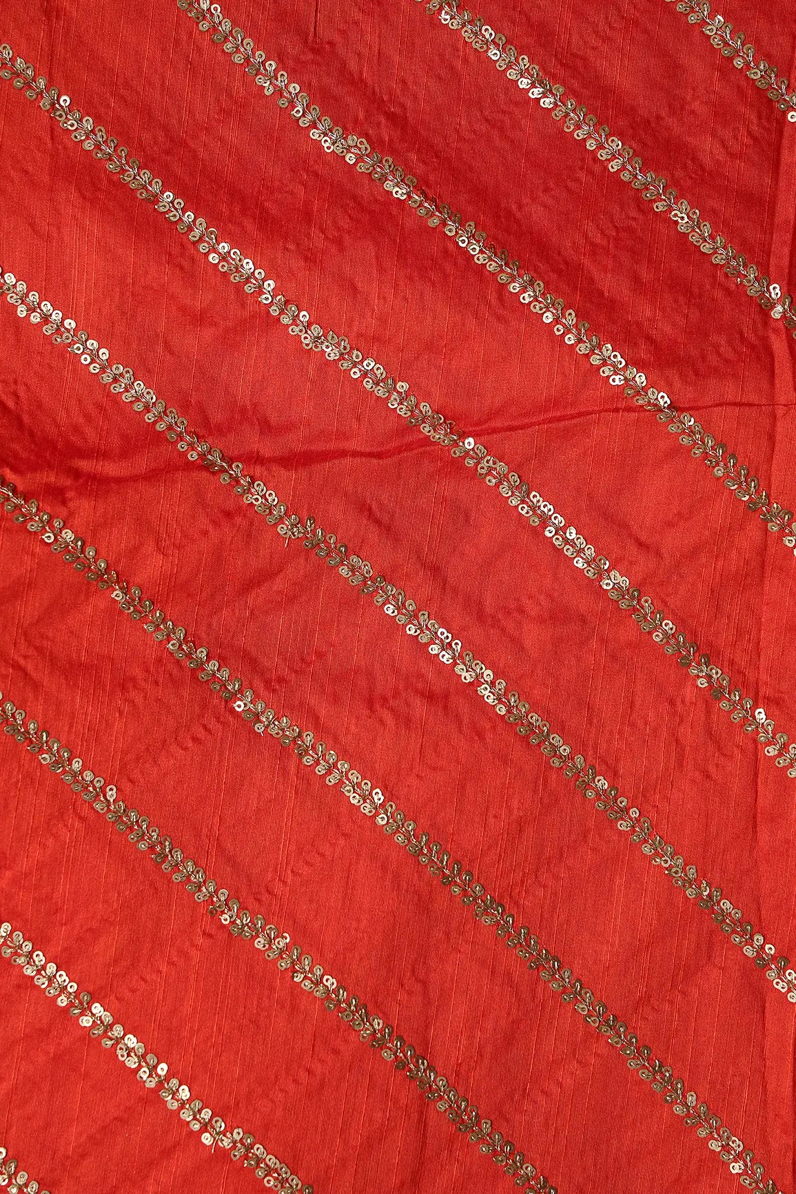 AIzaSyBcstauz-XMPRhEY21AUzeo032pxrXB5Ug - Gold Sequins With Gold Zari Stripes Embroidery Work On Dark Orange Raw Silk Fabric