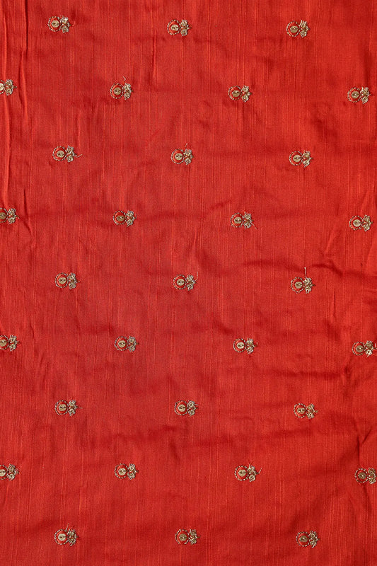 Orange Thread With Gold Sequins Small Floral Booti Embroidery On Orange Raw Silk Fabric
