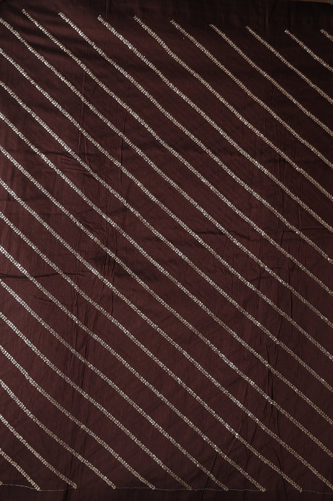 AIzaSyBcstauz-XMPRhEY21AUzeo032pxrXB5Ug - Gold Sequins With Gold Zari Stripes Embroidery Work On Brown Raw Silk Fabric