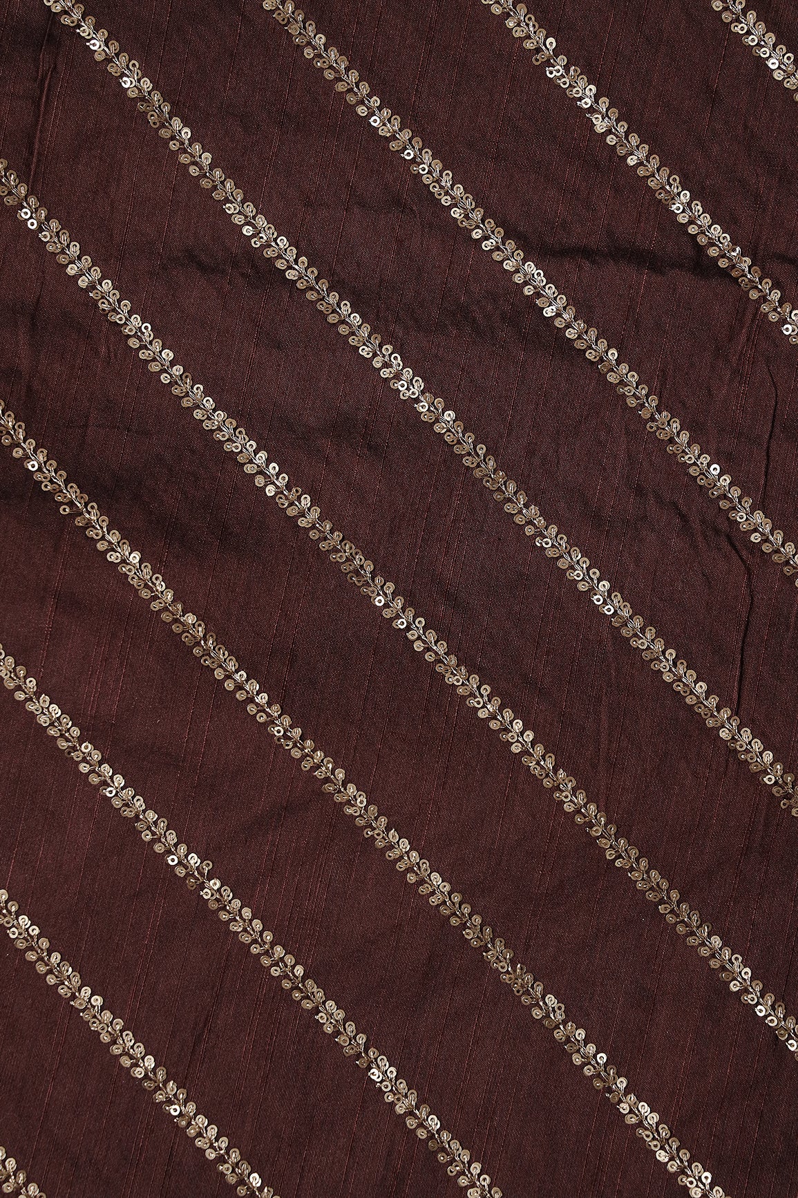 AIzaSyBcstauz-XMPRhEY21AUzeo032pxrXB5Ug - Gold Sequins With Gold Zari Stripes Embroidery Work On Brown Raw Silk Fabric