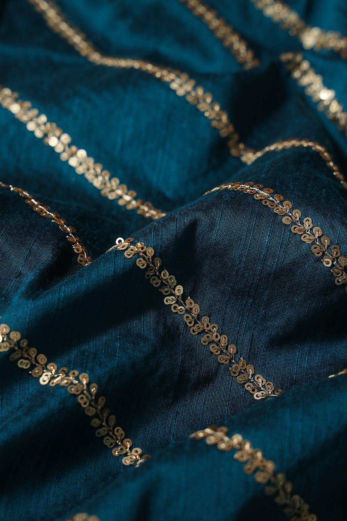 AIzaSyBcstauz-XMPRhEY21AUzeo032pxrXB5Ug - Gold Sequins With Gold Zari Stripes Embroidery Work On Rama Raw Silk Fabric