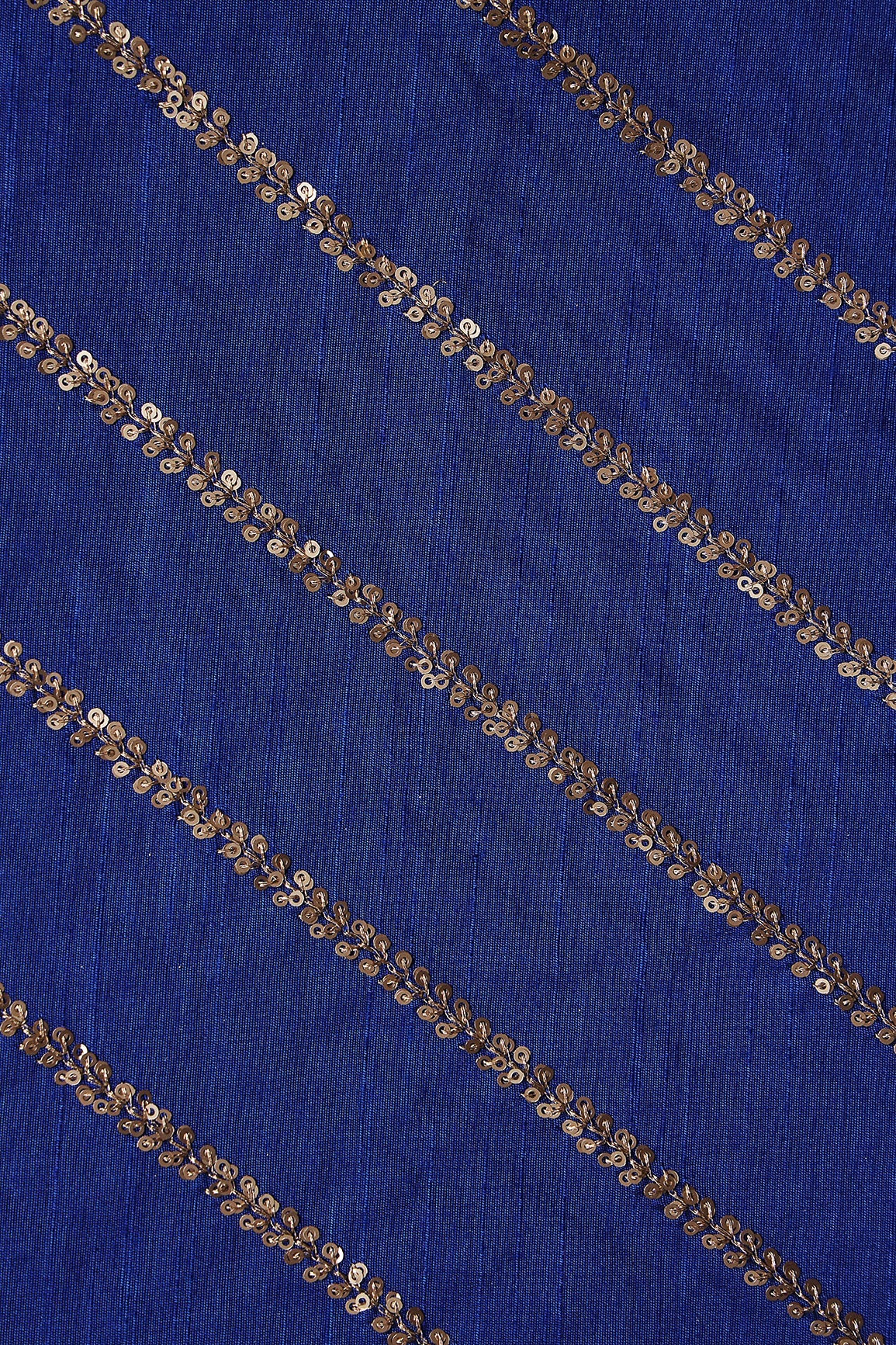 AIzaSyBcstauz-XMPRhEY21AUzeo032pxrXB5Ug - Gold Sequins With Gold Zari Stripes Embroidery Work On Royal Blue Raw Silk Fabric