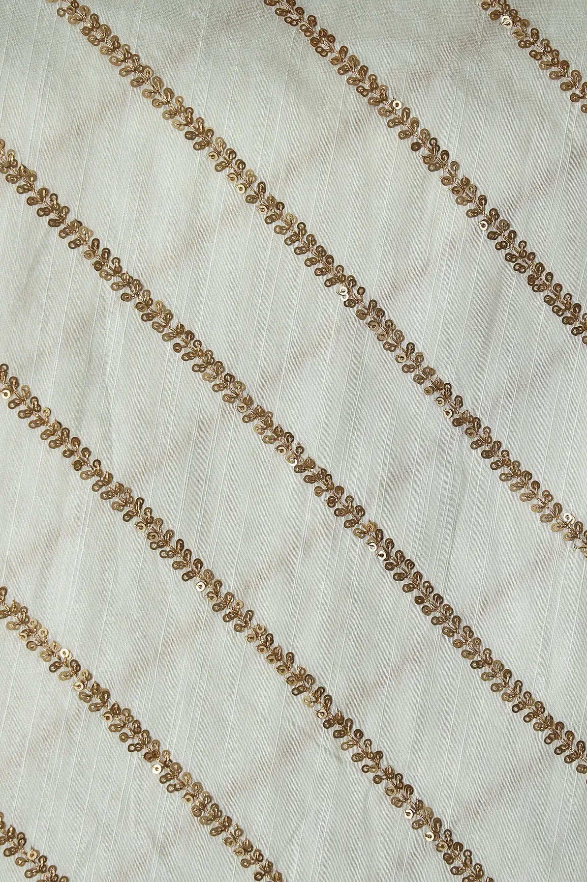 AIzaSyBcstauz-XMPRhEY21AUzeo032pxrXB5Ug - Gold Sequins With Gold Zari Stripes Embroidery Work On White Raw Silk Fabric