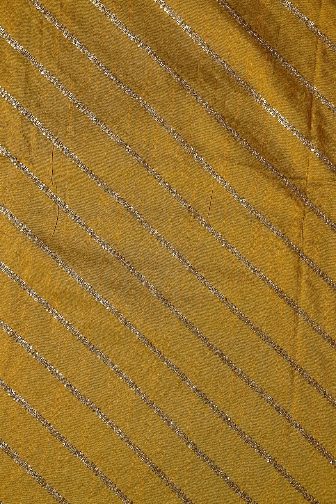 AIzaSyBcstauz-XMPRhEY21AUzeo032pxrXB5Ug - Gold Sequins With Gold Zari Stripes Embroidery Work On Dark Mustard Raw Silk Fabric