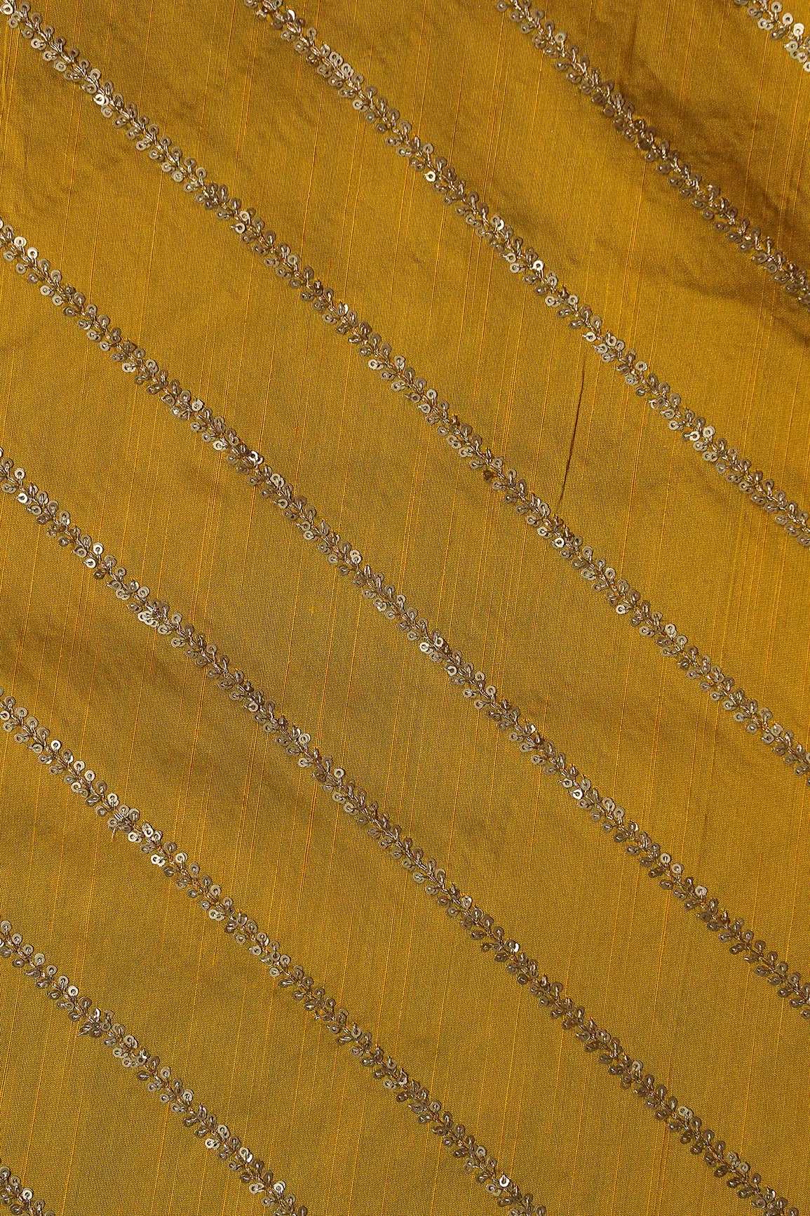 AIzaSyBcstauz-XMPRhEY21AUzeo032pxrXB5Ug - Gold Sequins With Gold Zari Stripes Embroidery Work On Dark Mustard Raw Silk Fabric