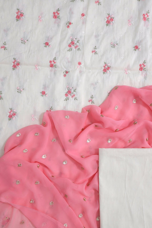 Pink And Olive Floral Embroidery On Off White Unstitched Suit Set (3 Piece)