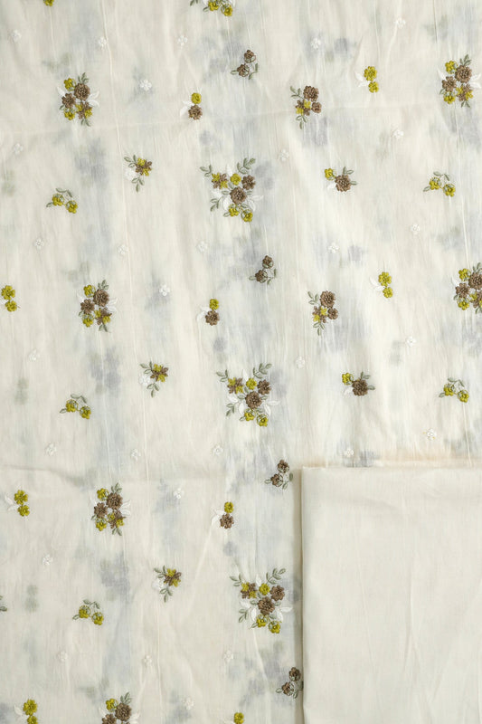 AIzaSyBcstauz-XMPRhEY21AUzeo032pxrXB5Ug - Brown And Yellow Floral Embroidery On Off White Unstitched Suit Set (2 Piece)
