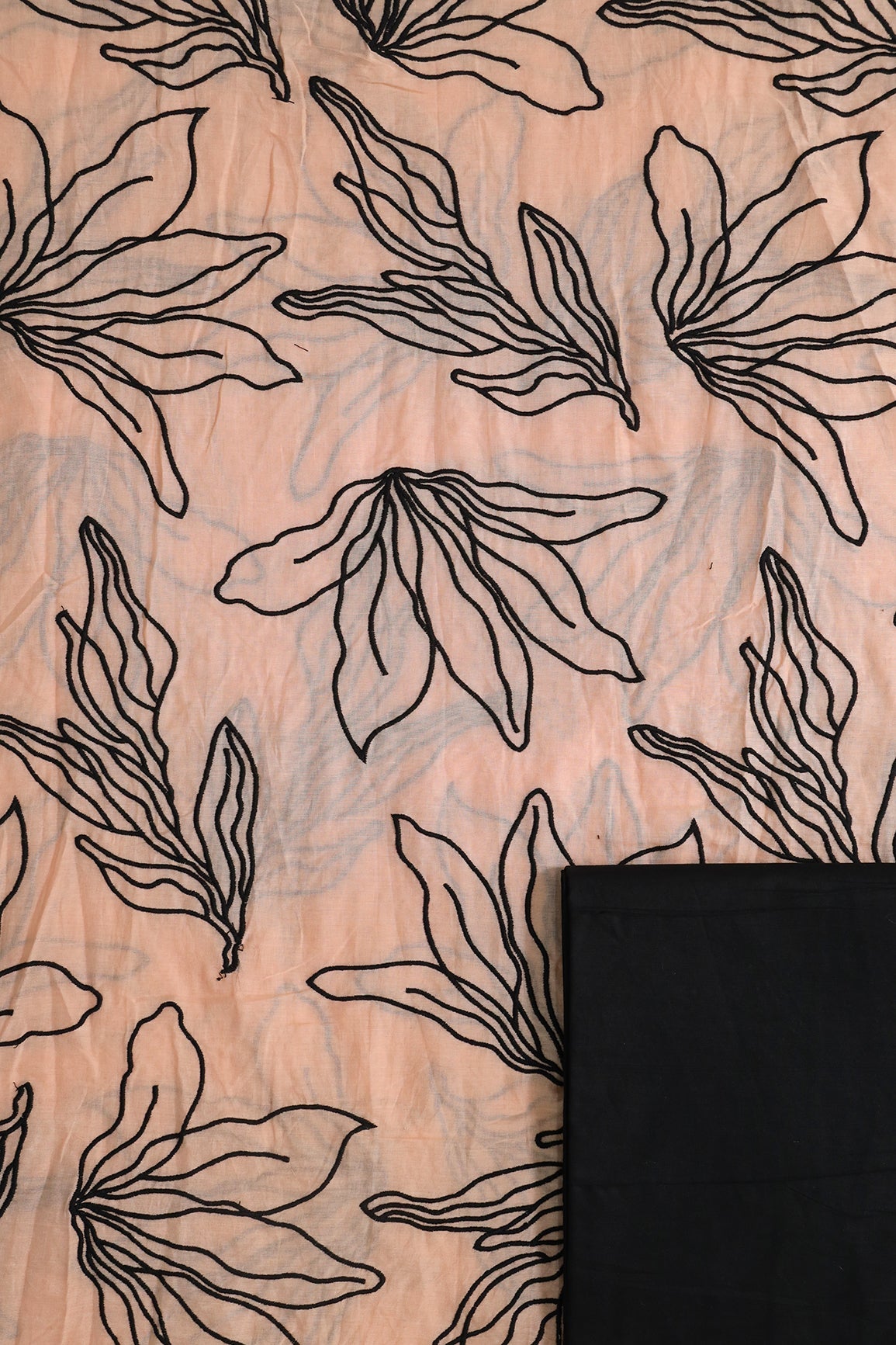 AIzaSyBcstauz-XMPRhEY21AUzeo032pxrXB5Ug - Black Floral Embroidery On Peach Pure Mul Cotton Unstitched Suit Set (2 Piece)