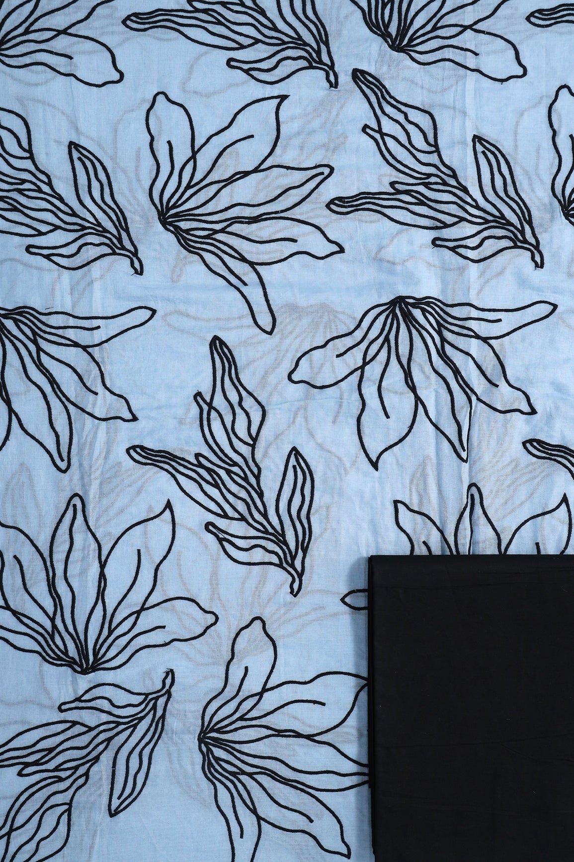AIzaSyBcstauz-XMPRhEY21AUzeo032pxrXB5Ug - Black Floral Embroidery On Pastel Blue Pure Mul Cotton Unstitched Suit Set (2 Piece)