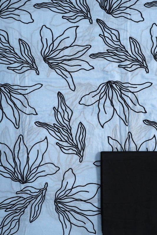 AIzaSyBcstauz-XMPRhEY21AUzeo032pxrXB5Ug - Black Floral Embroidery On Pastel Blue Pure Mul Cotton Unstitched Suit Set (2 Piece)