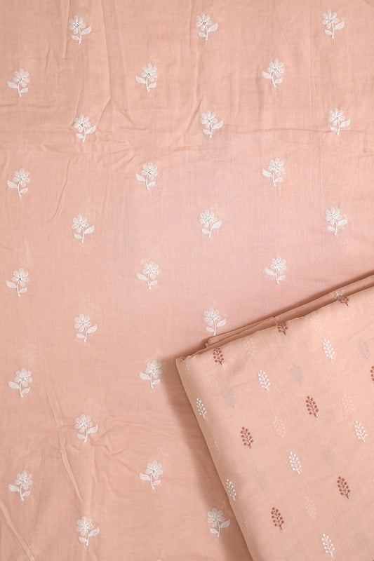 White Floral Embroidery On Peach Pure Mul Cotton Unstitched Suit Set (2 Piece)