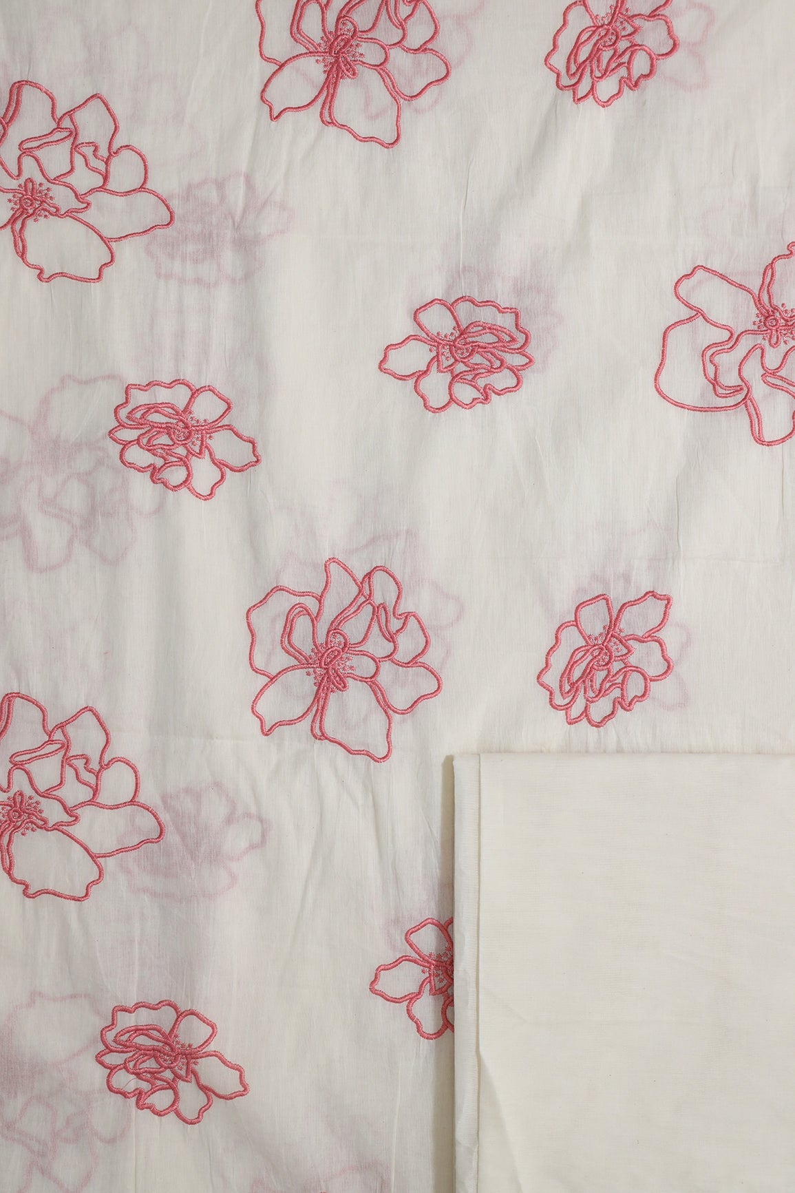 AIzaSyBcstauz-XMPRhEY21AUzeo032pxrXB5Ug - Gajri Pink Floral Embroidery On Off White Cotton Unstitched Suit Set (2 Piece)