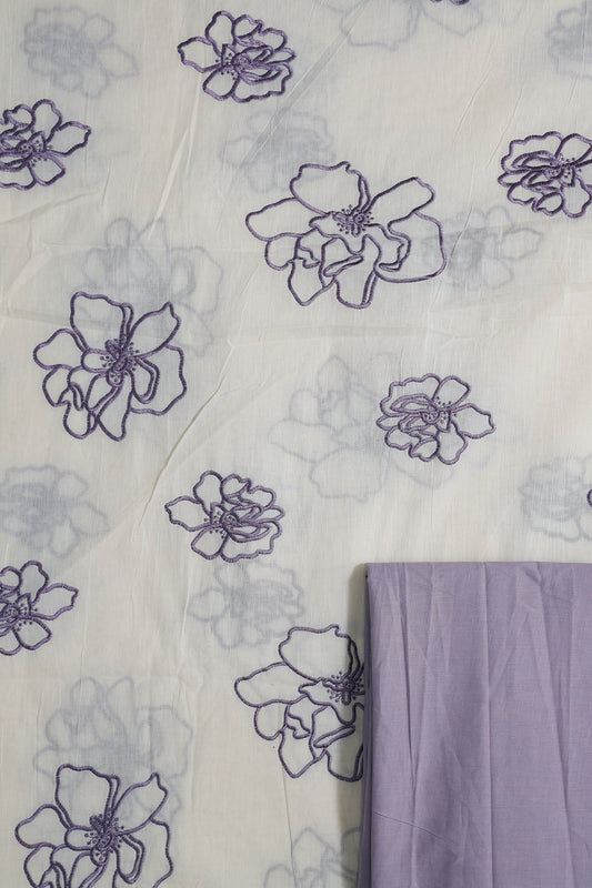 Purple Floral Embroidery On Off White Cotton Unstitched Suit Set (2 Piece)