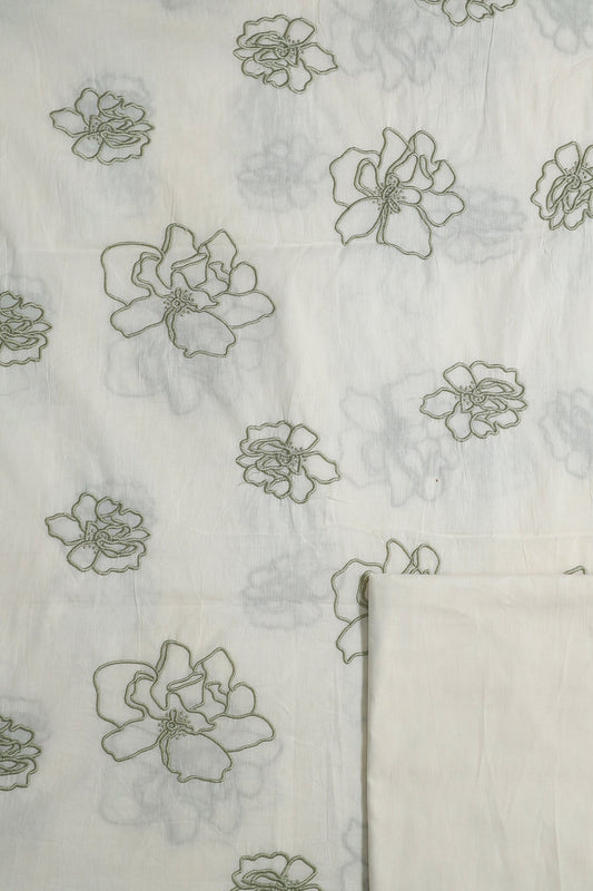 Olive Floral Embroidery On Off White Cotton Unstitched Suit Set (2 Piece)