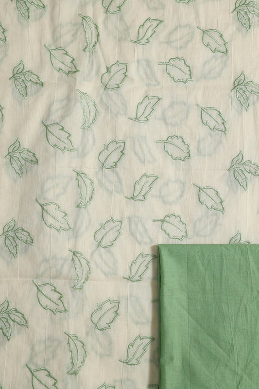 Olive Leafy Embroidery On Off White Cotton Unstitched Suit Set (2 Piece)