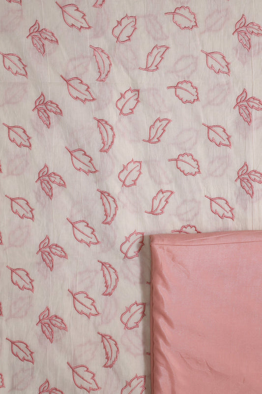 Pink Leafy Embroidery On Off White Cotton Unstitched Suit Set (2 Piece)