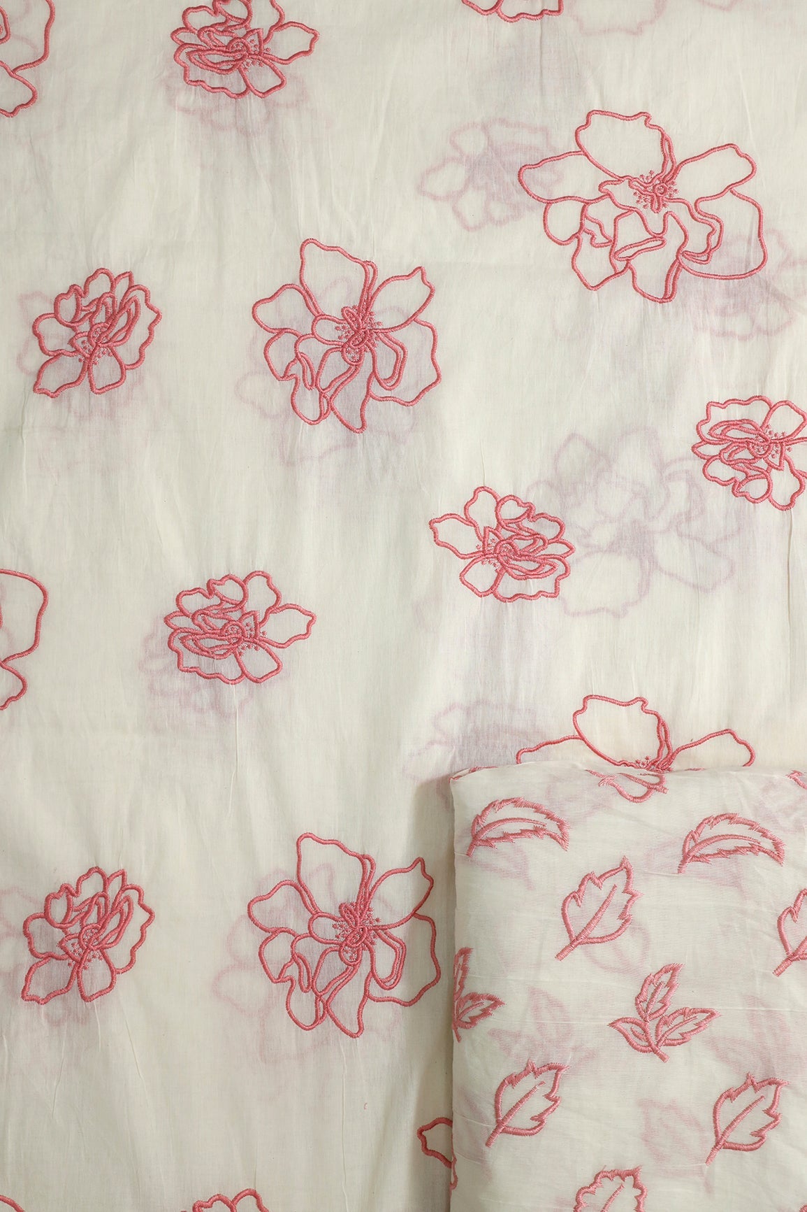 AIzaSyBcstauz-XMPRhEY21AUzeo032pxrXB5Ug - Gajri Pink Leafy Embroidery On Off White Cotton Unstitched Suit Set (2 Piece)