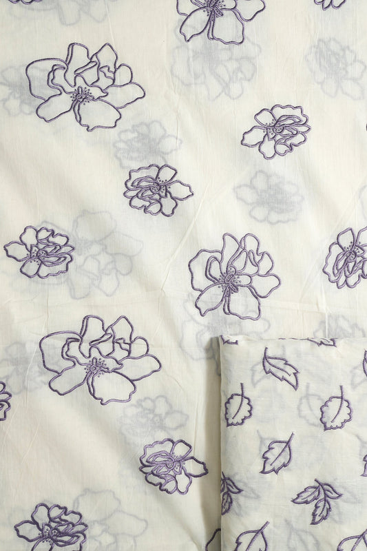 Purple Leafy Embroidery On Off White Cotton Unstitched Suit Set (2 Piece)