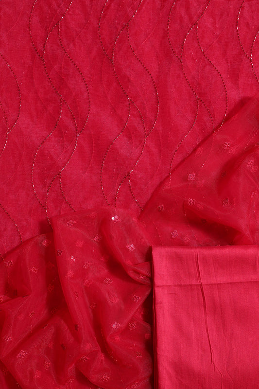 Red Cut Dana Beads Wavy Embroidery Unstitched Suit Set (3 Piece)