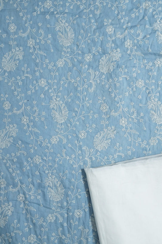 White Thread Paisley Embroidery On Blue Unstitched Suit Set (2 Piece)