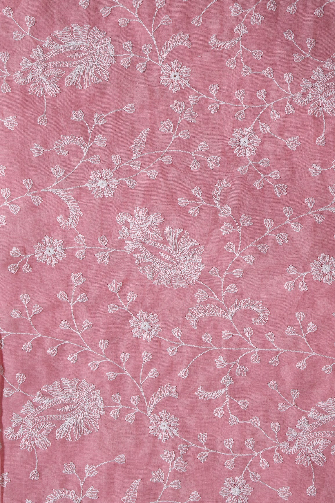 AIzaSyBcstauz-XMPRhEY21AUzeo032pxrXB5Ug - Beautiful White Thread Floral Paisley Embroidery On Pink Pure Mul Cotton Fabric
