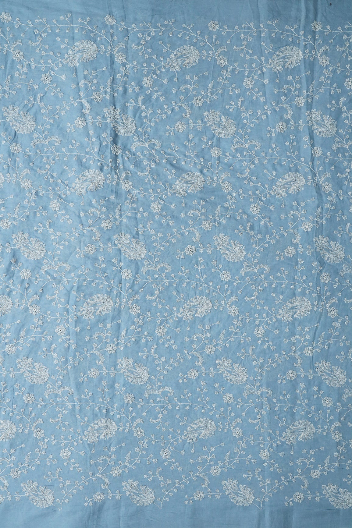 AIzaSyBcstauz-XMPRhEY21AUzeo032pxrXB5Ug - Beautiful White Thread Floral Paisley Embroidery On Blue Pure Mul Cotton Fabric
