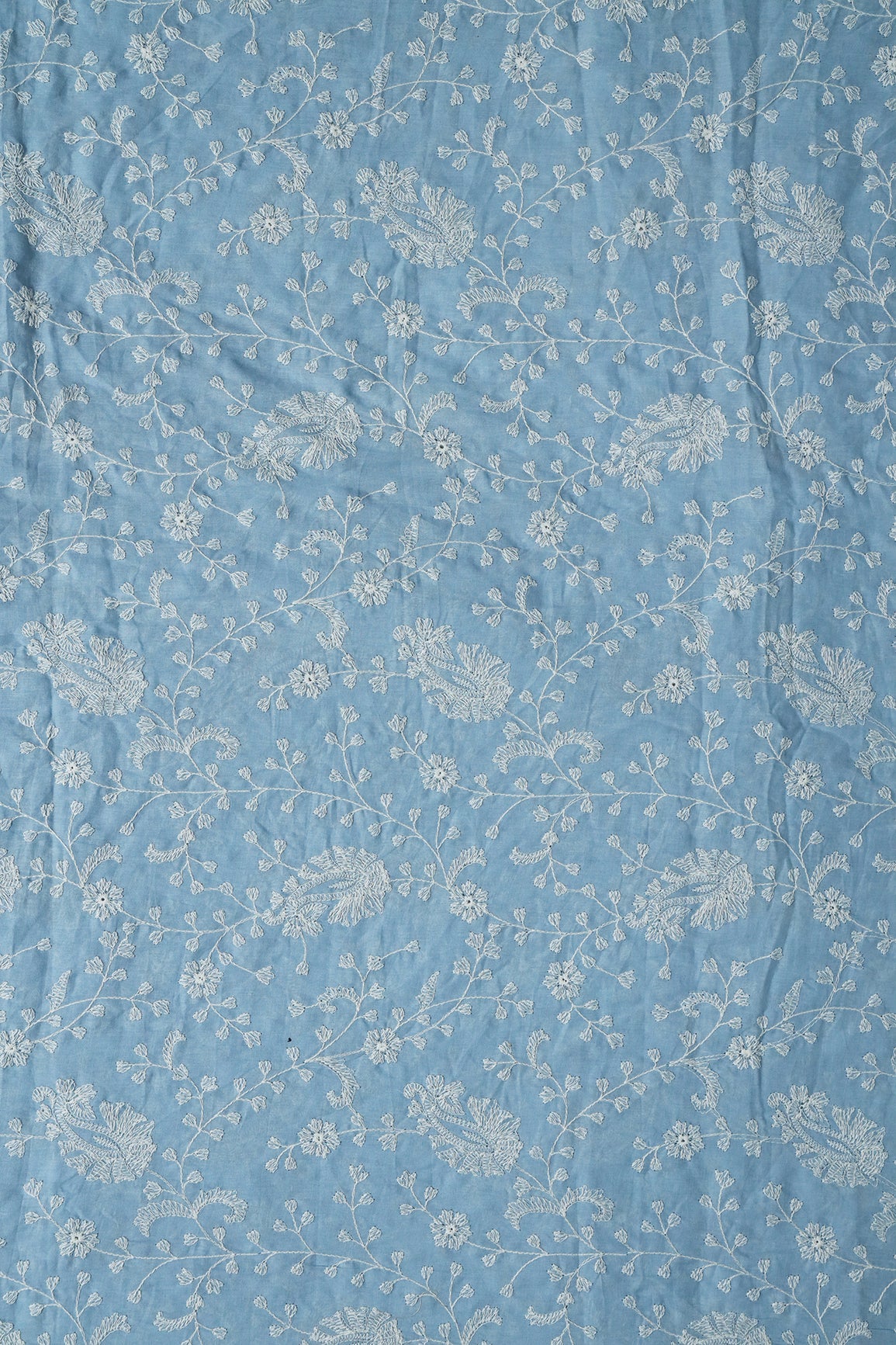 AIzaSyBcstauz-XMPRhEY21AUzeo032pxrXB5Ug - Beautiful White Thread Floral Paisley Embroidery On Blue Pure Mul Cotton Fabric