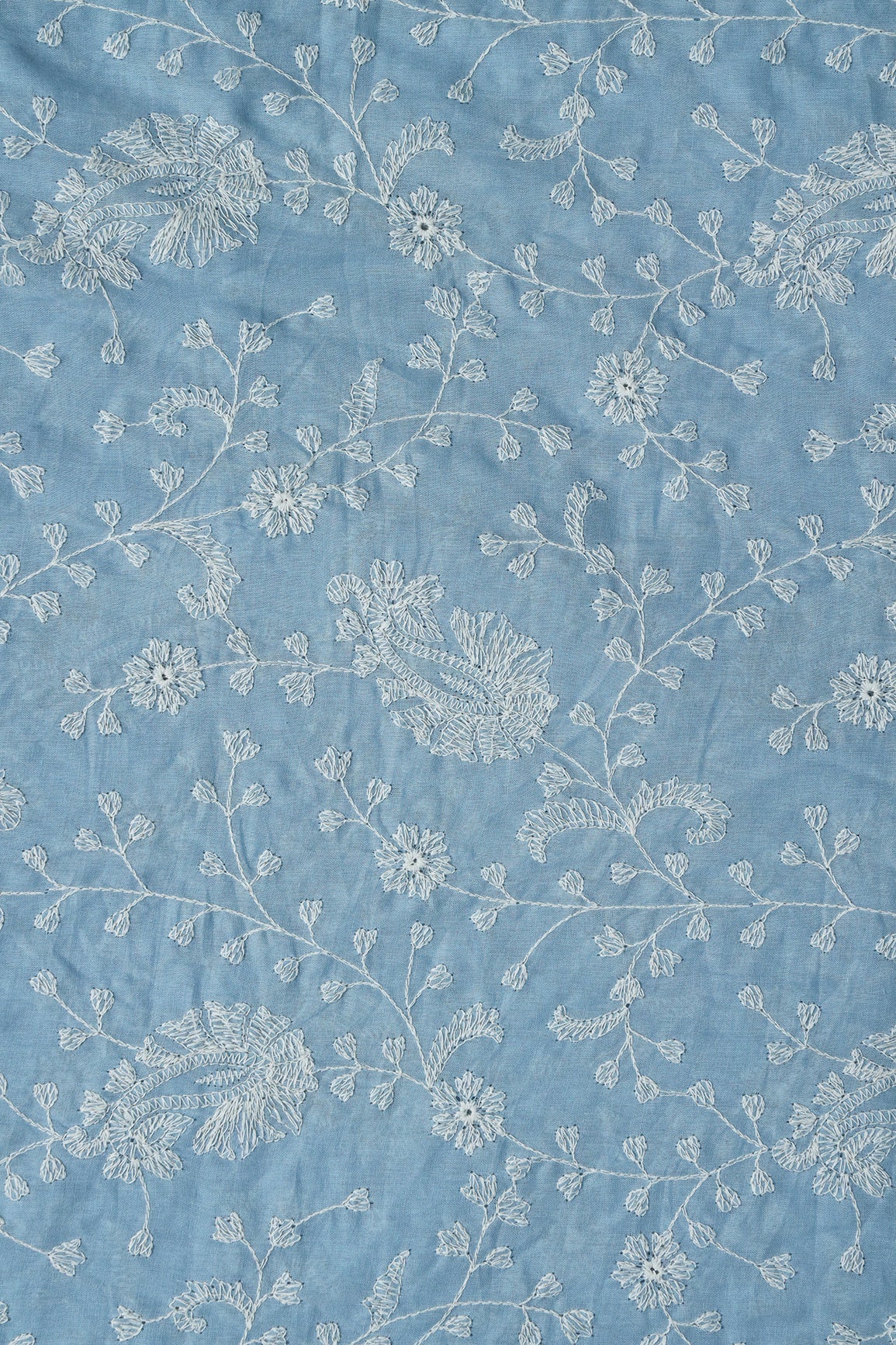 AIzaSyBcstauz-XMPRhEY21AUzeo032pxrXB5Ug - Beautiful White Thread Floral Paisley Embroidery On Blue Pure Mul Cotton Fabric