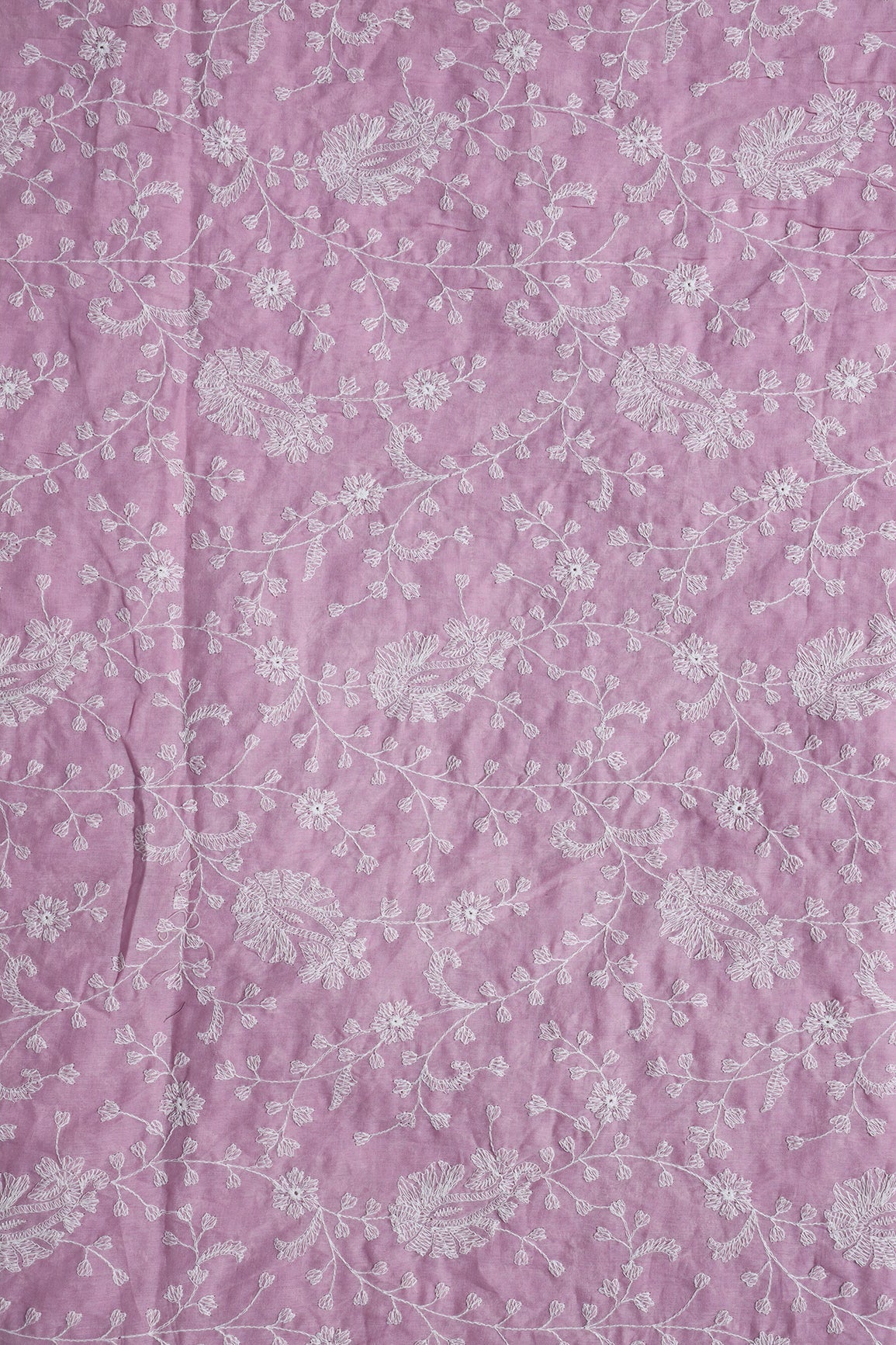 AIzaSyBcstauz-XMPRhEY21AUzeo032pxrXB5Ug - Beautiful White Thread Floral Paisley Embroidery On Lilac Pure Mul Cotton Fabric