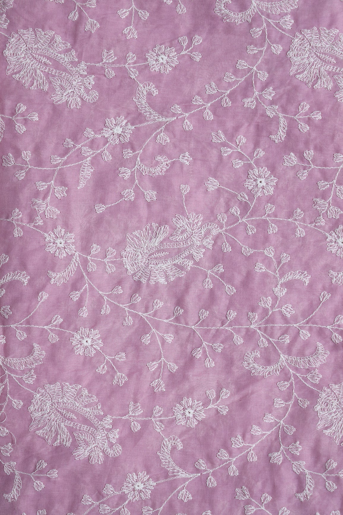 AIzaSyBcstauz-XMPRhEY21AUzeo032pxrXB5Ug - Beautiful White Thread Floral Paisley Embroidery On Lilac Pure Mul Cotton Fabric