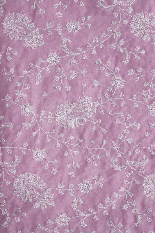 AIzaSyBcstauz-XMPRhEY21AUzeo032pxrXB5Ug - Beautiful White Thread Floral Paisley Embroidery On Lilac Pure Mul Cotton Fabric