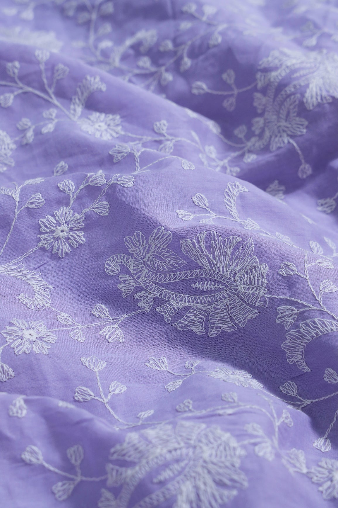 AIzaSyBcstauz-XMPRhEY21AUzeo032pxrXB5Ug - Beautiful White Thread Floral Paisley Embroidery On Lavender Pure Mul Cotton Fabric