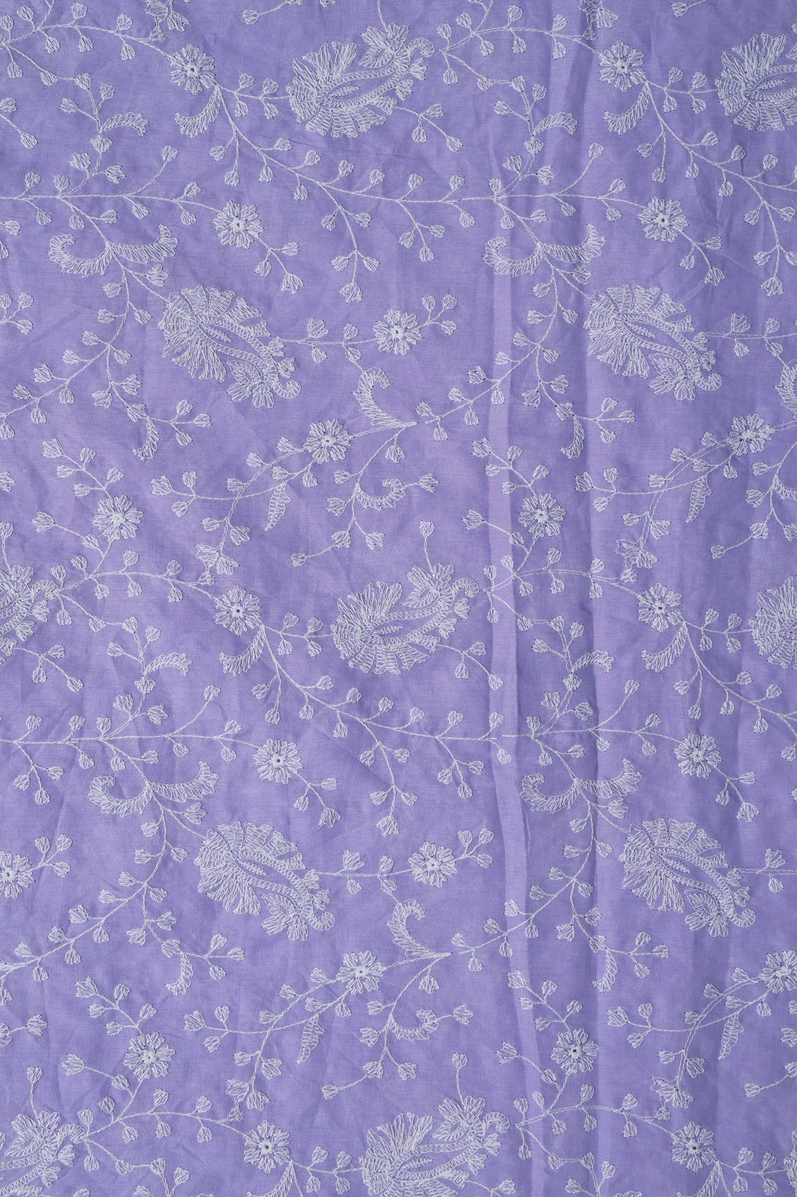 AIzaSyBcstauz-XMPRhEY21AUzeo032pxrXB5Ug - Beautiful White Thread Floral Paisley Embroidery On Lavender Pure Mul Cotton Fabric