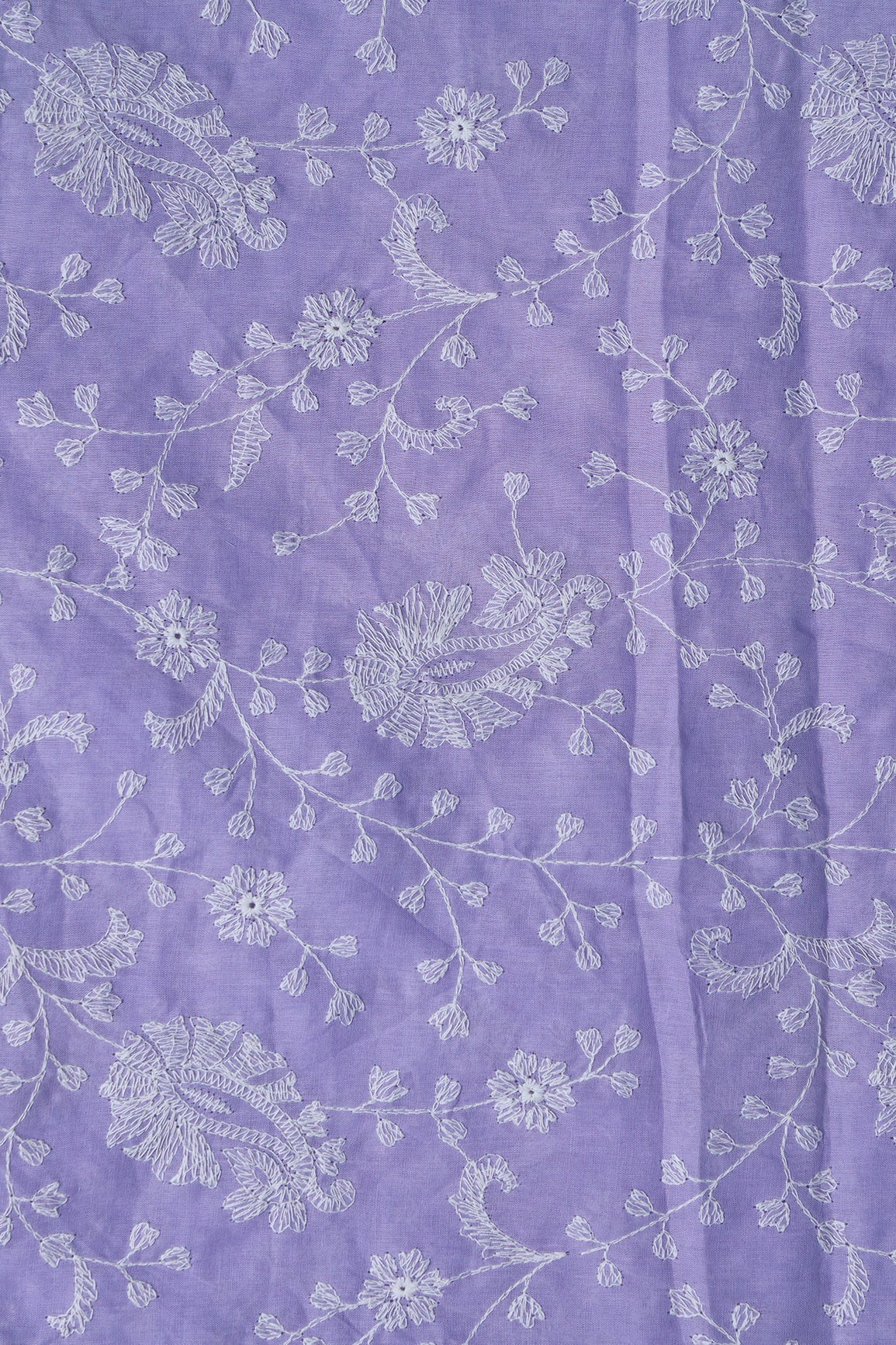 AIzaSyBcstauz-XMPRhEY21AUzeo032pxrXB5Ug - Beautiful White Thread Floral Paisley Embroidery On Lavender Pure Mul Cotton Fabric