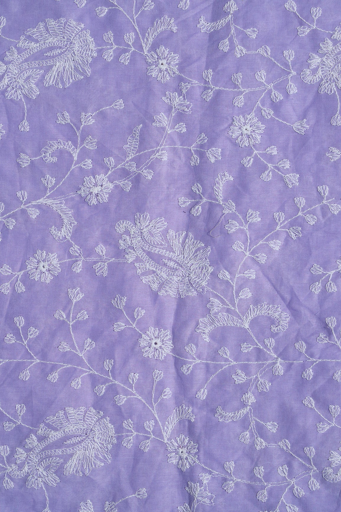 AIzaSyBcstauz-XMPRhEY21AUzeo032pxrXB5Ug - Beautiful White Thread Floral Paisley Embroidery On Lavender Pure Mul Cotton Fabric