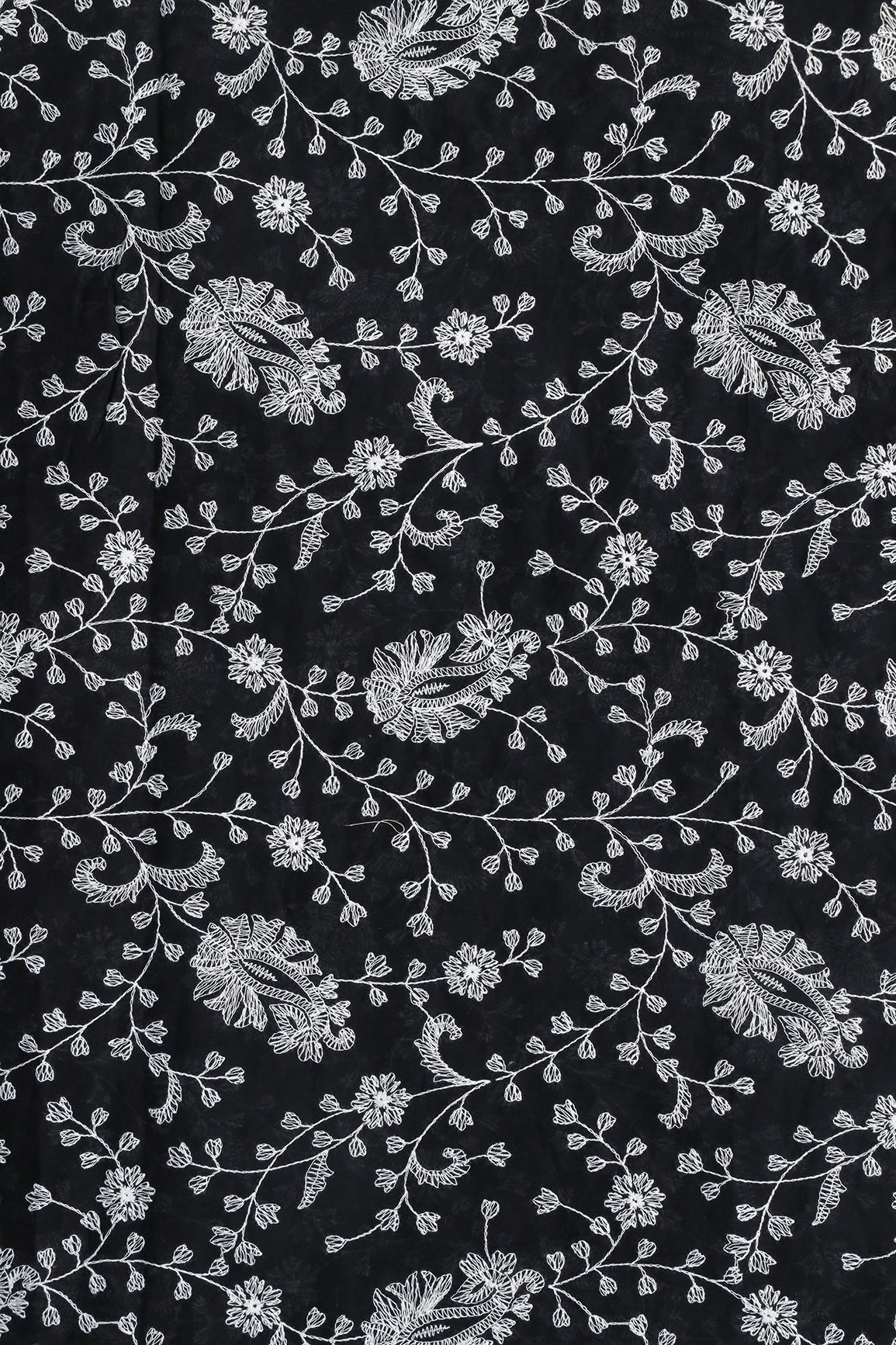 AIzaSyBcstauz-XMPRhEY21AUzeo032pxrXB5Ug - Beautiful White Thread Floral Paisley Embroidery On Black Pure Mul Cotton Fabric